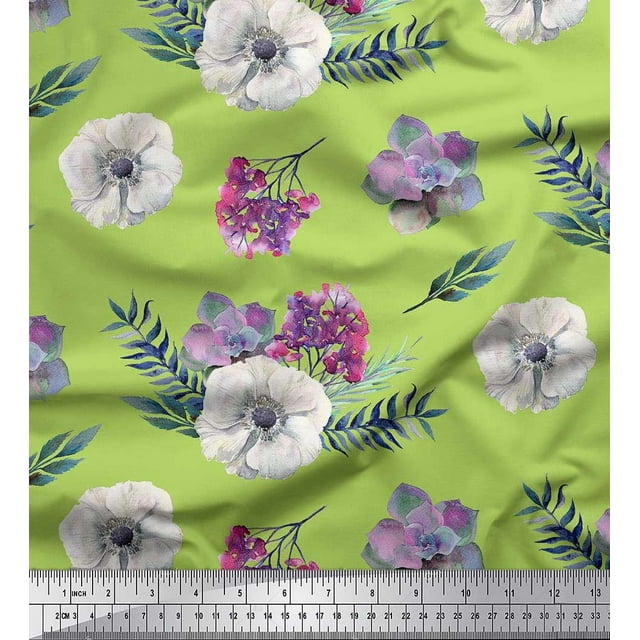 Soimoi Velvet Fabric Leaves,Succulent & Anemone Flower Print Sewing Fabric Yard 58 Inch Wide