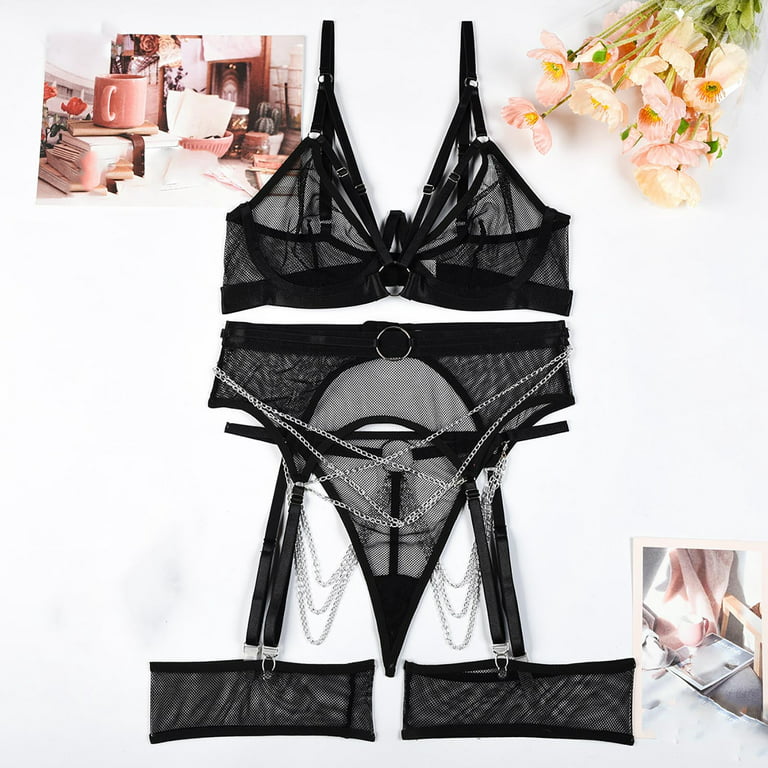 Odeerbi Mesh Lingerie for Women 2024 Erotic 3-Piece Splicing Personality  Sexy Underwear Set Black