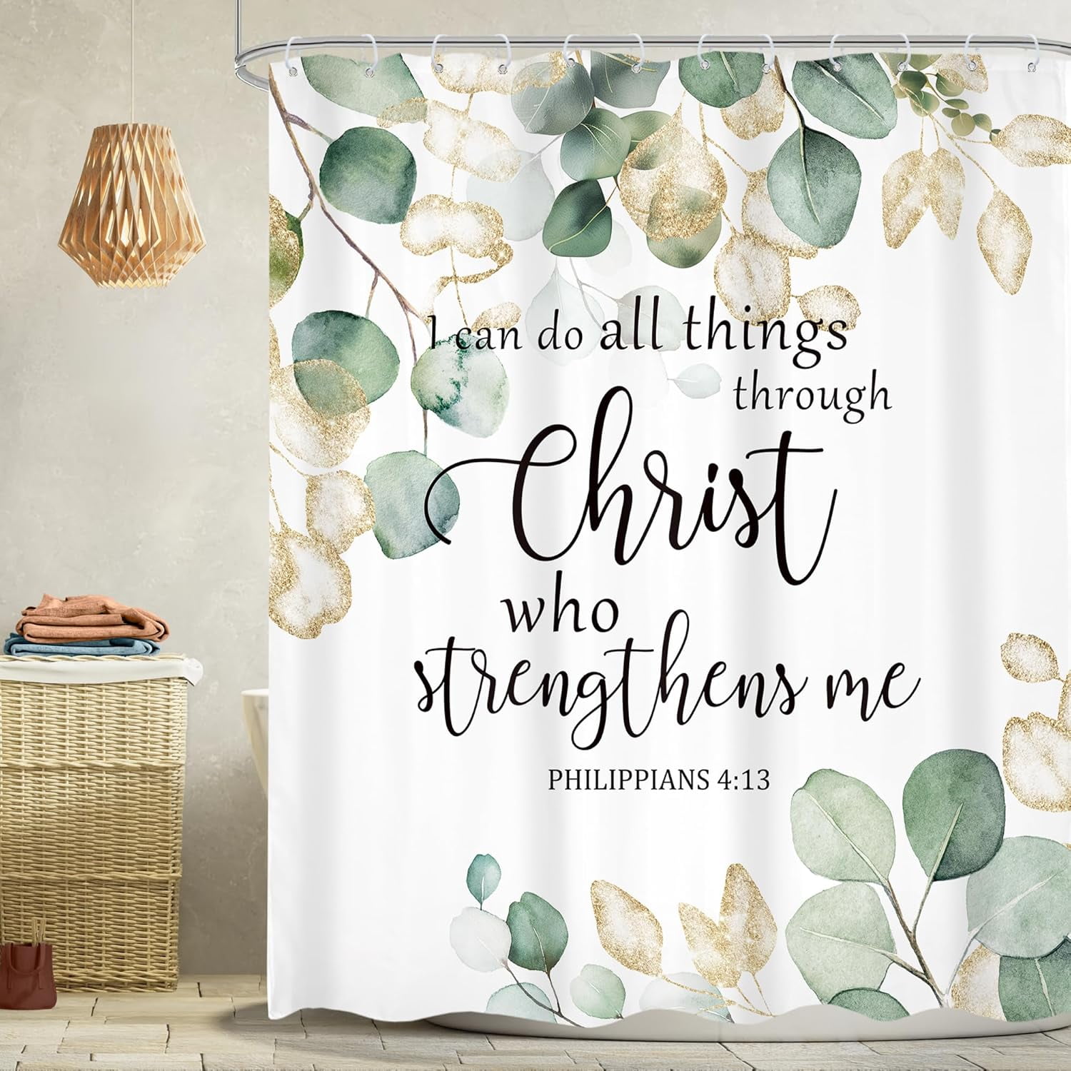 Eucalyptus Bible Verse Shower Curtain Green Leaves Gold Watercolor Plant Christian Quotes Botanical Leaf Scripture with 12 Plastic Hooks Fabric Waterproof Toilet Accessories Decor