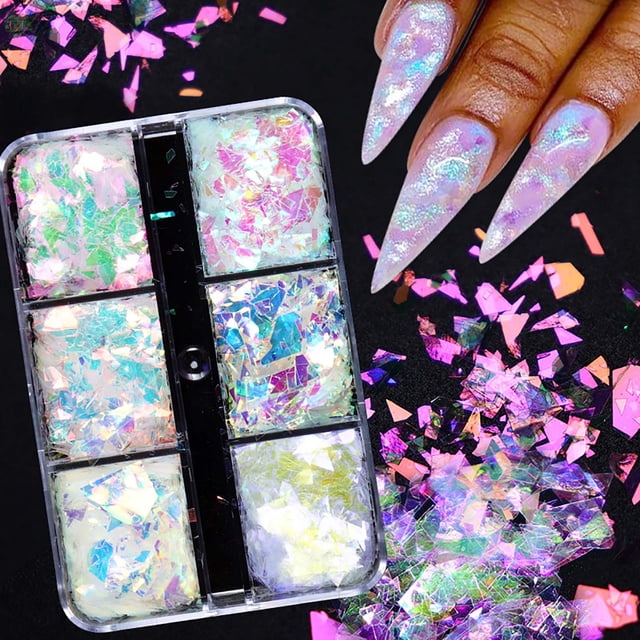 Xihbxyly Brillo Holográfico para Uñas, Lámina Gruesa de Lentejuelas Impresionantes, Copos Acrílicos Brillantes, Fácil de Usar En Casa, Perfecto para Salones de Uñas, Regalo Ideal para Mamás.