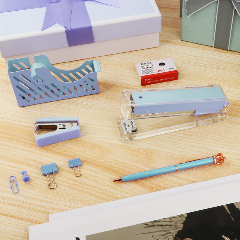 Blue Desk Accessory Kit, Acrylic Stapler Set, Office Supplies Set for Women  and