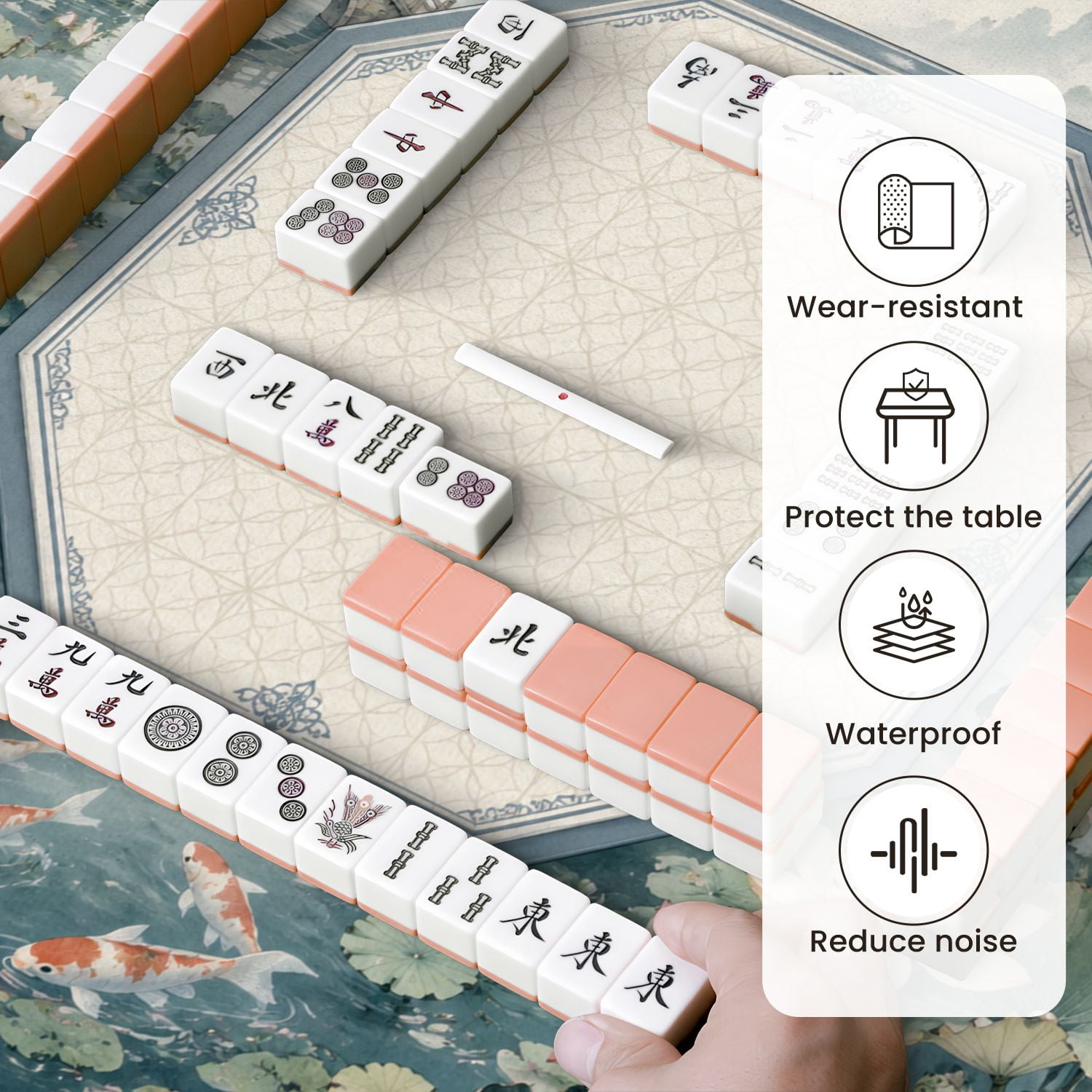 Mahjong Mat 31.5" x 31.5" Serene Pond Lotus Flowers Traditional Chinese Garden Landscape Non-Slip Noise Reduction Mahjong Tiles Table Cover for Dominoes Poker Card Board and Tile Games
