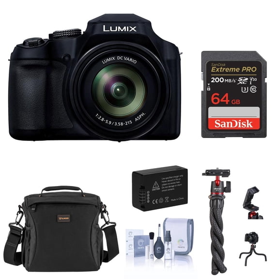 Panasonic LUMIX FZ80D 18.1MP Point & Shoot Digital Camera, Bundle with 64GB Memory Card, Tripod with Ball Head and Battery