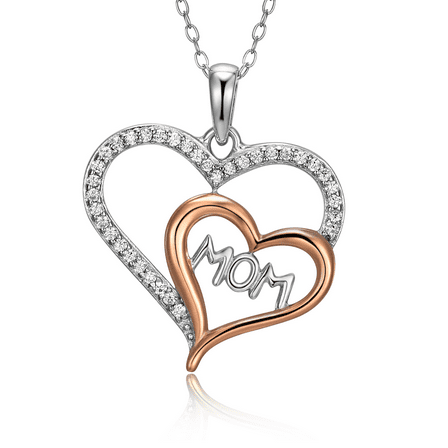 Sterling Silver and Rose Gold Plate Diamond Accent Heart in Heart Designer MOM Pendant. 18"