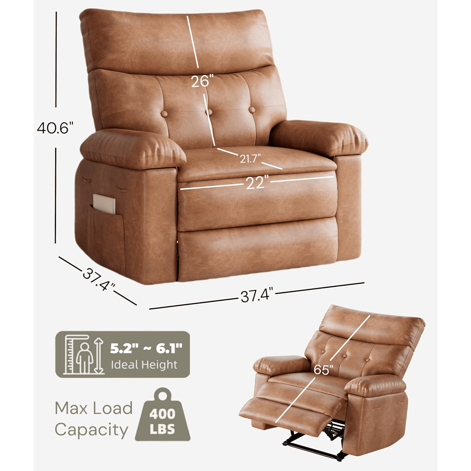 Oversized Manual Recliner Chairs for Adults, PU Leather Small Recliner Chair with 90° - 150° Adjustable Back,Lazy Boy Single Sofa Chairs for Small Space