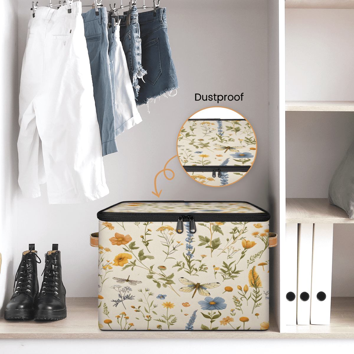 CURLYOOT Watercolor Floral Dragonfly Storage Bin with Zipper Lid, Fabric Decorative Lidded Storage Baskets Boxes, Foldable Organizer Container Basket for Bedroom Closet Shelf