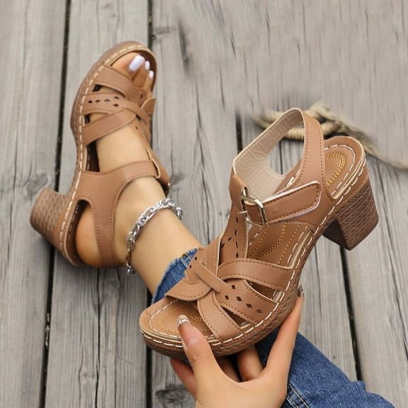 Sandals For Women Chunky Heel Arch Support Open Toe Ankle Straps Peep Toe Shoes Comfortable Walking Beach Sandals for Women Dressy Summer 7.5