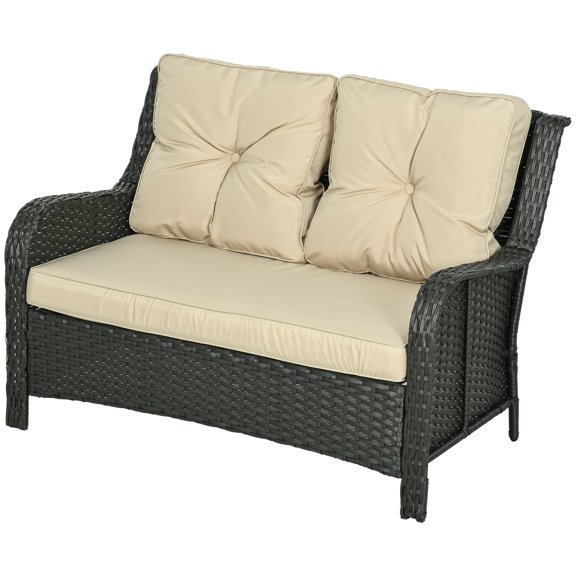 Homiyad 2-Seater Outdoor Sofa PE Rattan Wicker Loveseat with Cushions Beige| Aosom.com