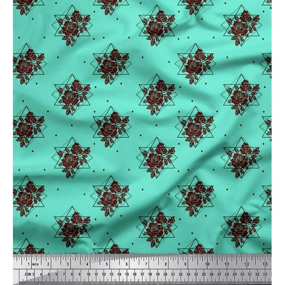 Soimoi Green Silk Fabric Geometric & Rose Floral Print Sewing Fabric 1 Yard 44 Inch Wide