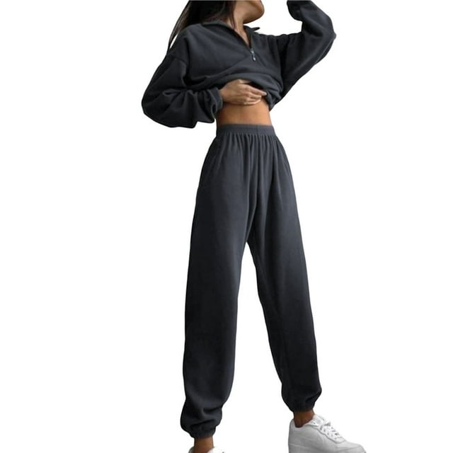 Conjunto de Dos Piezas para Mujer: Sudadera de Forro con Media Cremallera y Pantalón Deportivo Holgado con Bolsillos Gris XL
