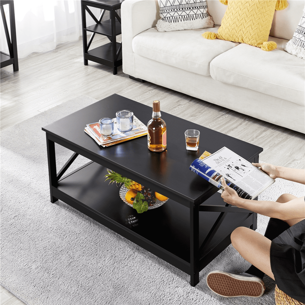 Yaheetech Modern X Design Coffee Table with Storage Shelf, Black