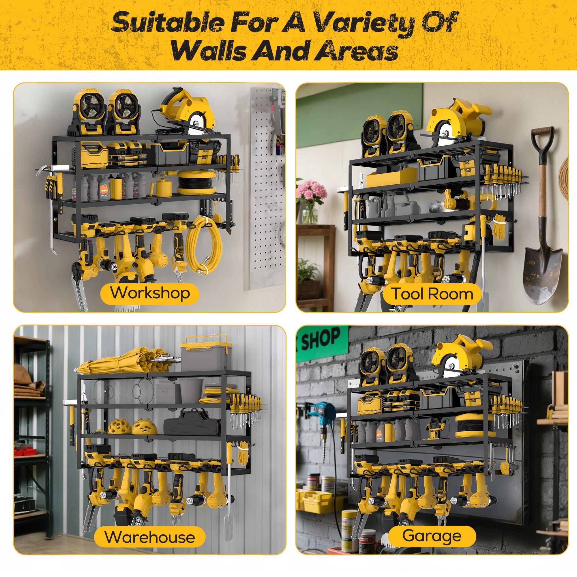 Riousery Heavy Duty Power Tool Organizer Wall Mount, 4-Tier Garage Storage Tool Rack with 8 Cordless Drill Holders, 350 LBS Capacity