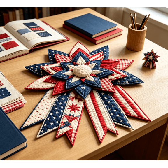Quilted Patriotic Seasonal Door Wreath Star Leaf Fabric Hanging Ornament Farmhouse Decor for Indoor Entryway Porch