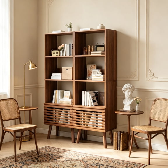 Small Narrow Corner Bookcase, 55" H Mid Century Modern Bookshelf with Slatted Door, 4 Cube Bookcase with Open Shelf, Display Storage Cabinet for Living Room Home Office, Walnut