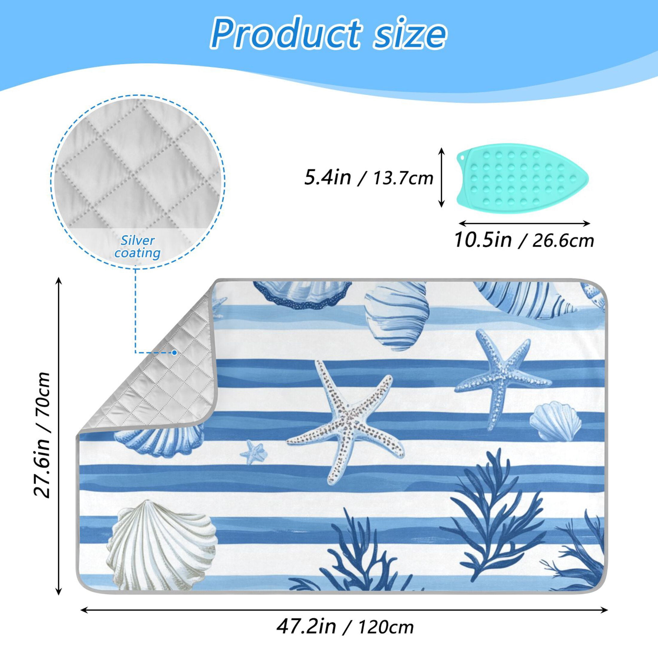 Blue Stripes Shells Starfishes Water Plants Ironing Mat Blanket Portable Travel Ironing Pad Heat Resistant Pad 47.2" x 27.6”