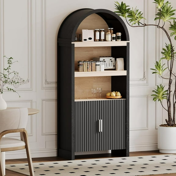 TROPOW 71" Tall Bookshelf Arched Cabinet with Storage, Mid-Century Bookcase Modern Wooden Kitchen Pantry Display Storage Cabinet with Open Adjustable Shelves for Living Room Home Office