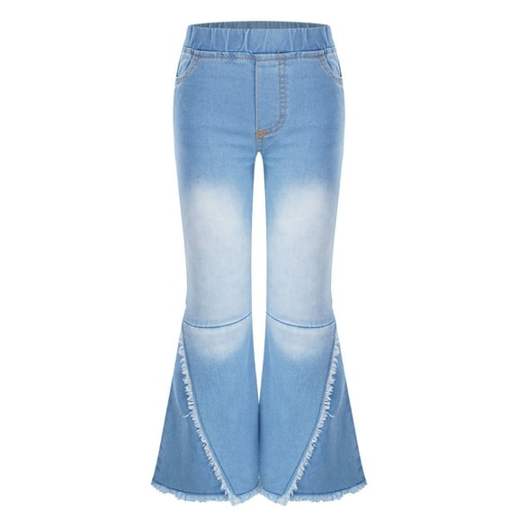 JanJean Kid Girls Youth Junior Denim Jeans Bell Bottom Flare Pants High Waist Wide Leg Ruffled Light Blue 6