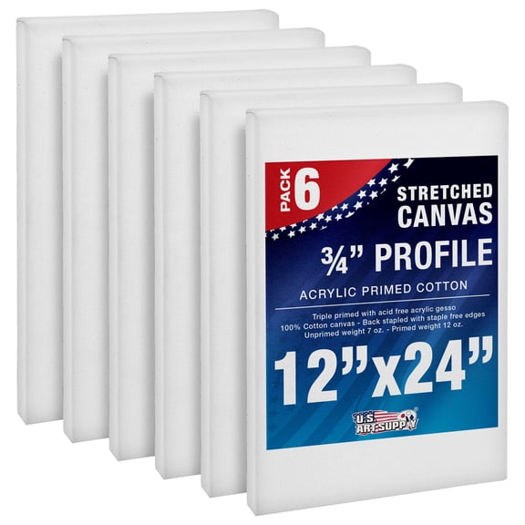 U.S. Art Supply 12 x 24 inch Stretched Canvas 12-Ounce Triple Primed, 6-Pack - Professional Artist Quality White Blank 3/4" Profile, 100% Cotton, Heavy-Weight Gesso - Acrylic Pouring, Oil Painting