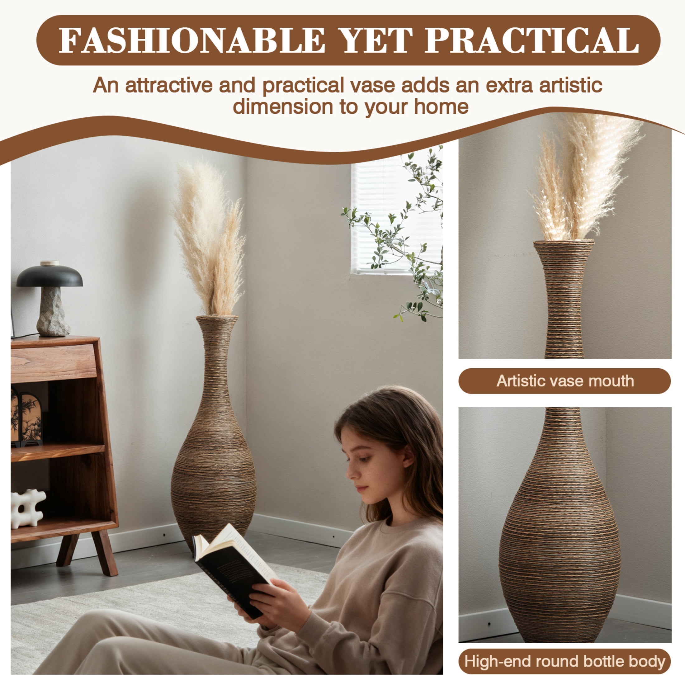 Noble House 39.37" Tall PVC Rattan-Look Floor Vase, Hand-Woven Decorative Vase for Home Decor, Beige+Gray