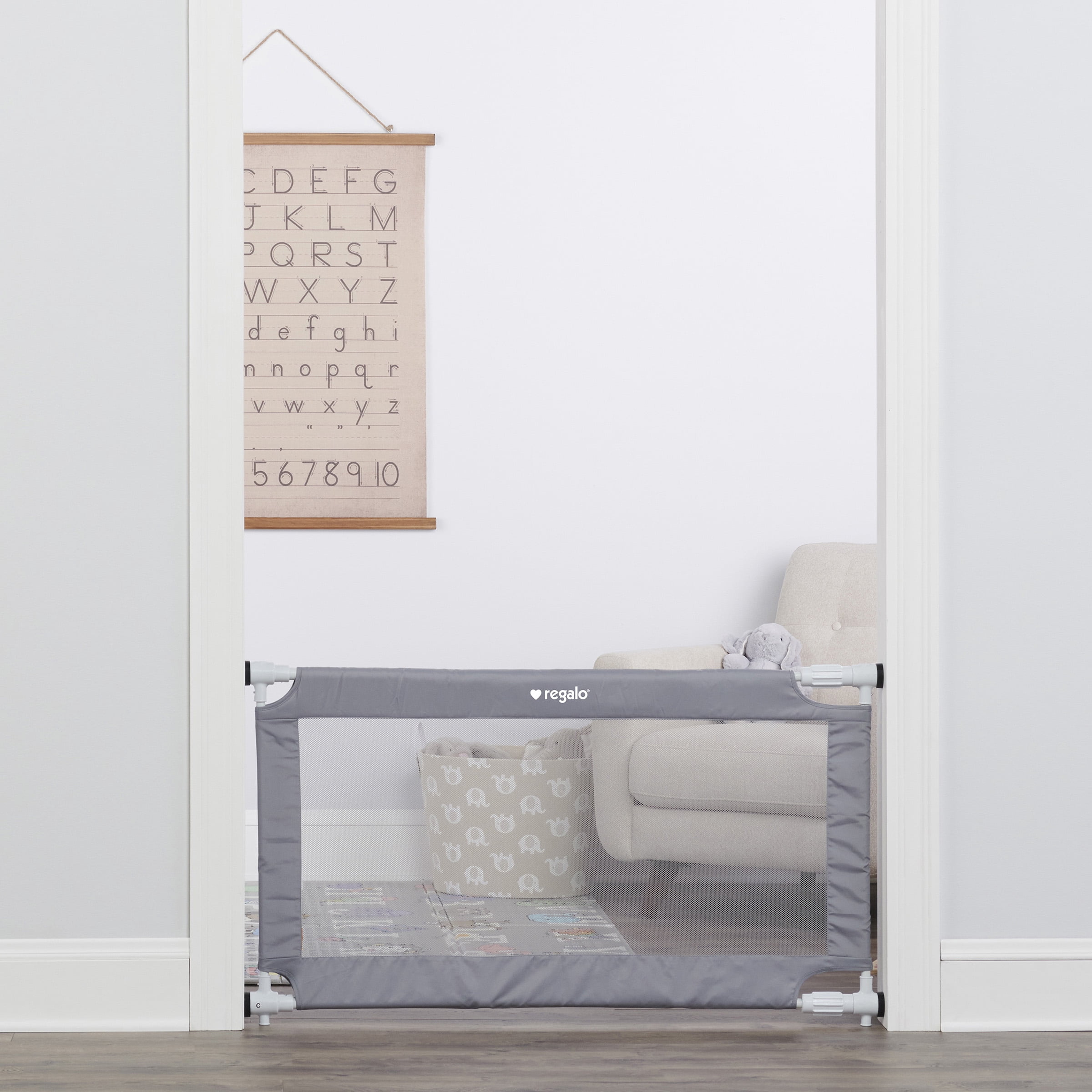 Regalo 50" Expandable Mesh Baby & Pet Safety Gate – Gray Pressure‑Mounted Gate for Doorway or Hallway, Fits 27.5–50 in Openings