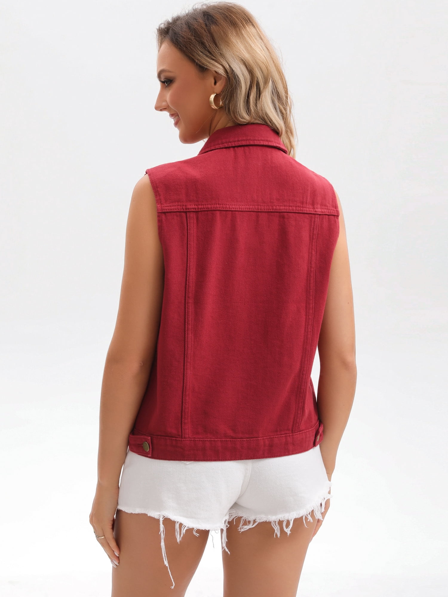 DARING DIVA Womens Denim Vest Button Down Jacket Sleeveless Jean Jacket L Red