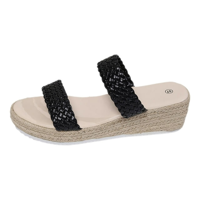 DAFEI Tassel Trim Sandals with Woven Straps Platform Wedge Heel Rope Sole Boho Toe Ring Slip On Sandals for Summer