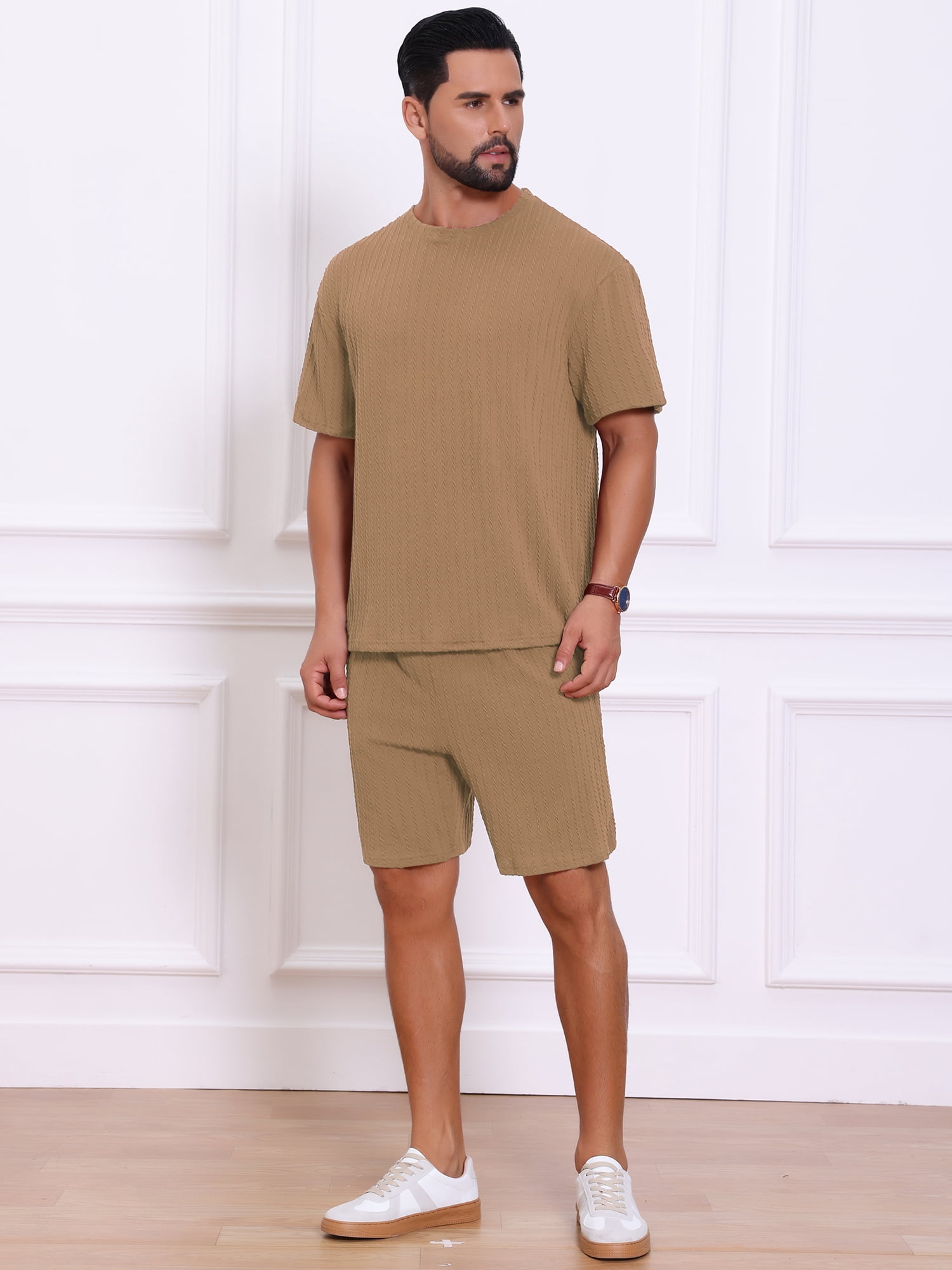 DARING DIVA Men's 2 Pieces Texture Crew Neck Shirt Top and Shorts Outfits 2XL Brown