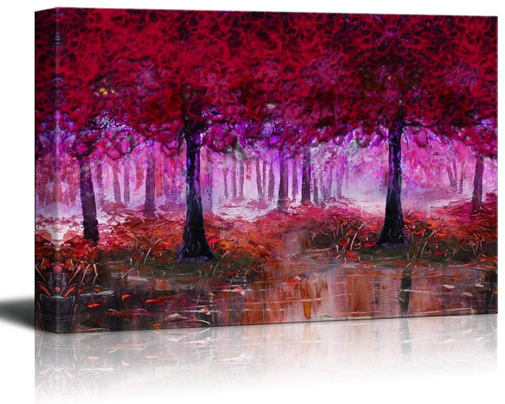 red Handmade Oil Paintings Landscape Scenic Forest Canvas Wall Art Contemporary Artwork for Living Room Dining Room Home Wall Decorations 