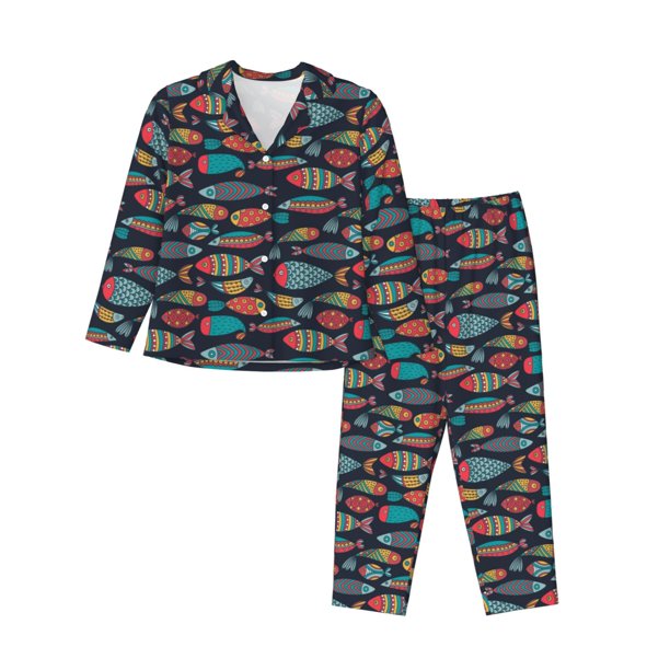 Fotbe Colorful Fish Conjunto de Pijama de Manga Larga para Mujer con Estampado, Ropa de Dormir de 2 Piezas, Conjunto de Casa Suave y Cómodo con Bolsillos-X-Large