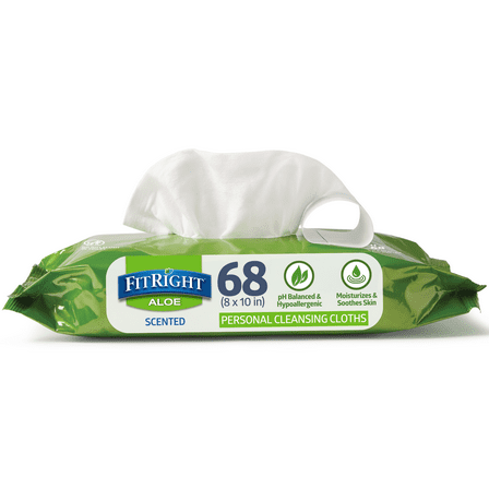 FitRight Disposable Adult Wipes for Incontinence, Personal Wet Cleansing Wipes, Aloe, Scented, 8 x 10in, 68 Count