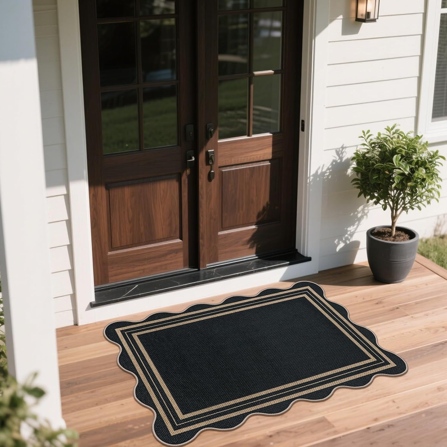 Easy Jute Black Kitchen Rug, Front Door Mat Washable Non Slip Small Entryway Rug, Indoor Outdoor Farmhouse Scalloped Doormat for Bathroom Doorway Porch