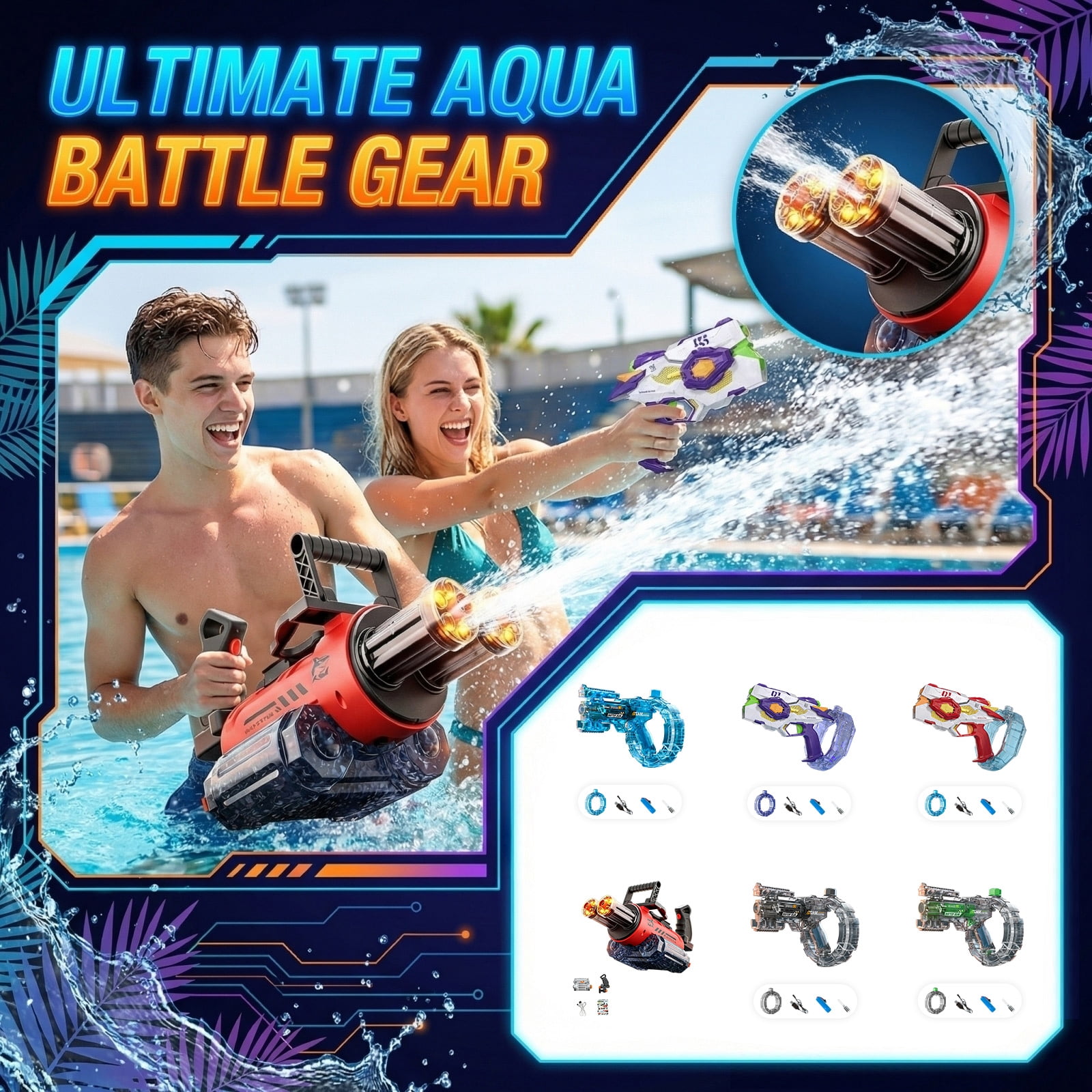 Electric Automatic Water Gun with Strobe Lights, Long-Range Water Blaster with LED Effects & Large Capacity Tank