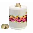 thumbnail image 1 of Urban Graffiti Piggy Bank, Arrow Pierced Love Word as Bubble Letters with Wings on Drippy Painting, Ceramic Coin Bank Money Box for Cash Saving, 3.6" X 3.2", Multicolor, by Ambesonne, 1 of 4