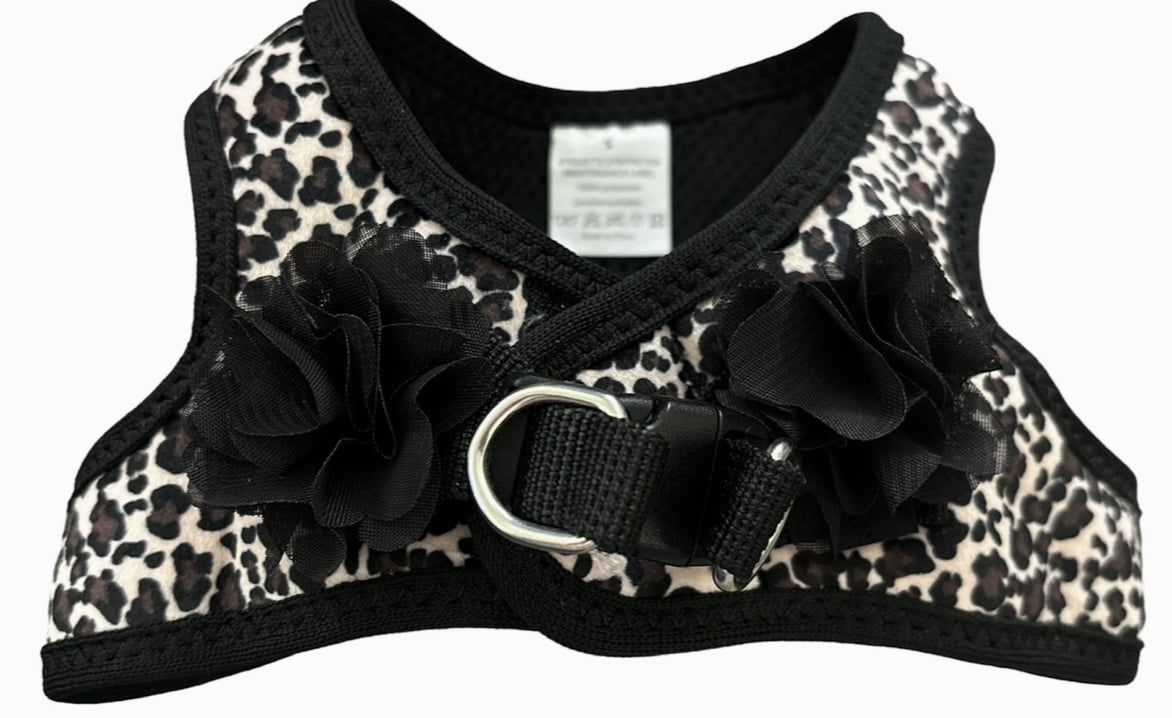 Harness + Collar + Bow for Dogs adjustable Animal Print with flowers Size “S” , Set