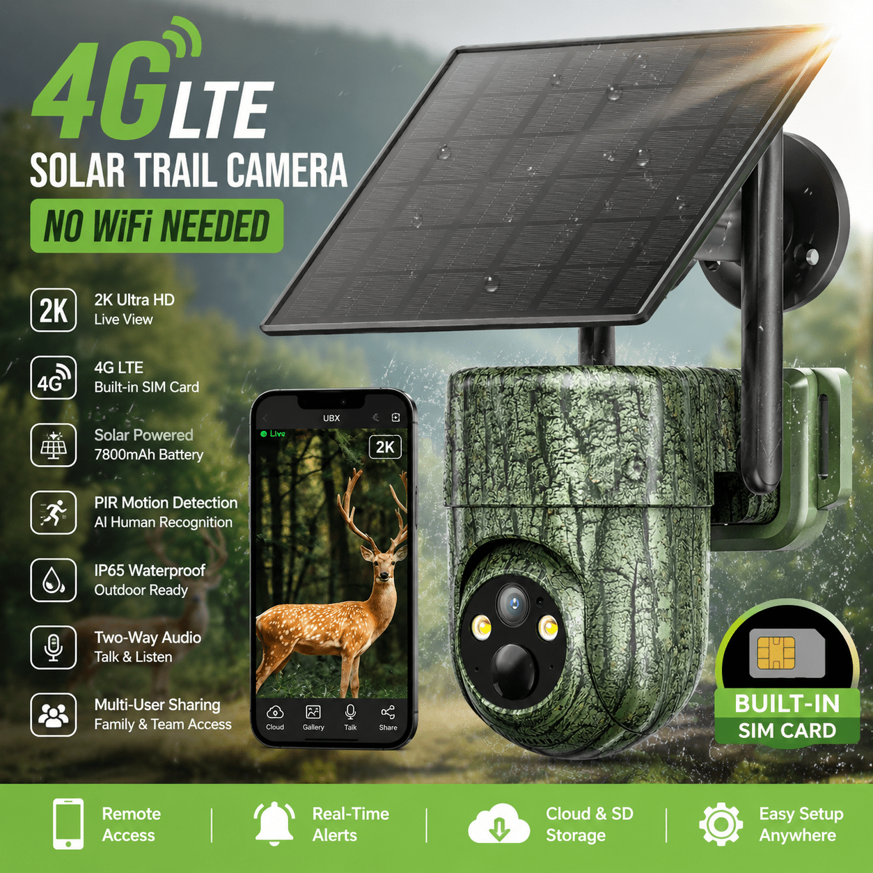 Conico 4G LTE Cellular Trail Camera with Built-in SIM, No WiFi Hunting Game Camera, Solar Powered, 2K Night Vision, Motion Activated, App Alerts, Waterproof for Deer & Wildlife
