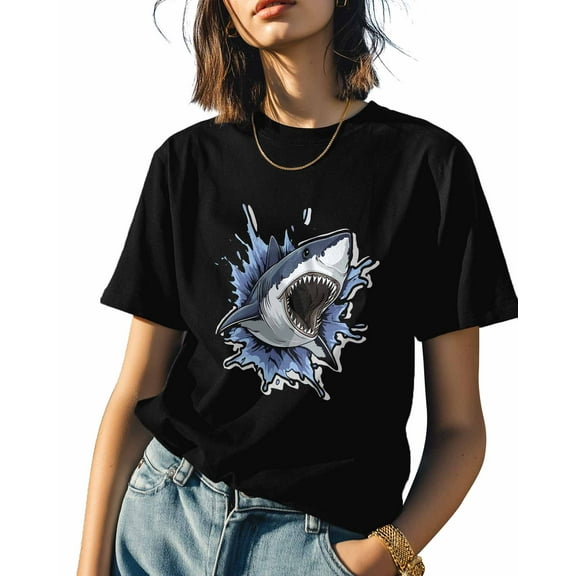 Women's T-Shirts, Cool Shark Sharp Teeth Ocean Cotton Crewneck Tee Short Sleeve Casual Tops Loose Graphic T-Shirt Black, S