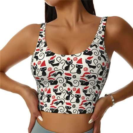 Xecao Christmas Cat for Sports Bra with Removable Pads  Crop Tank Top Design  Women s Longline Sports Bra - Non-Wired - XX-Large