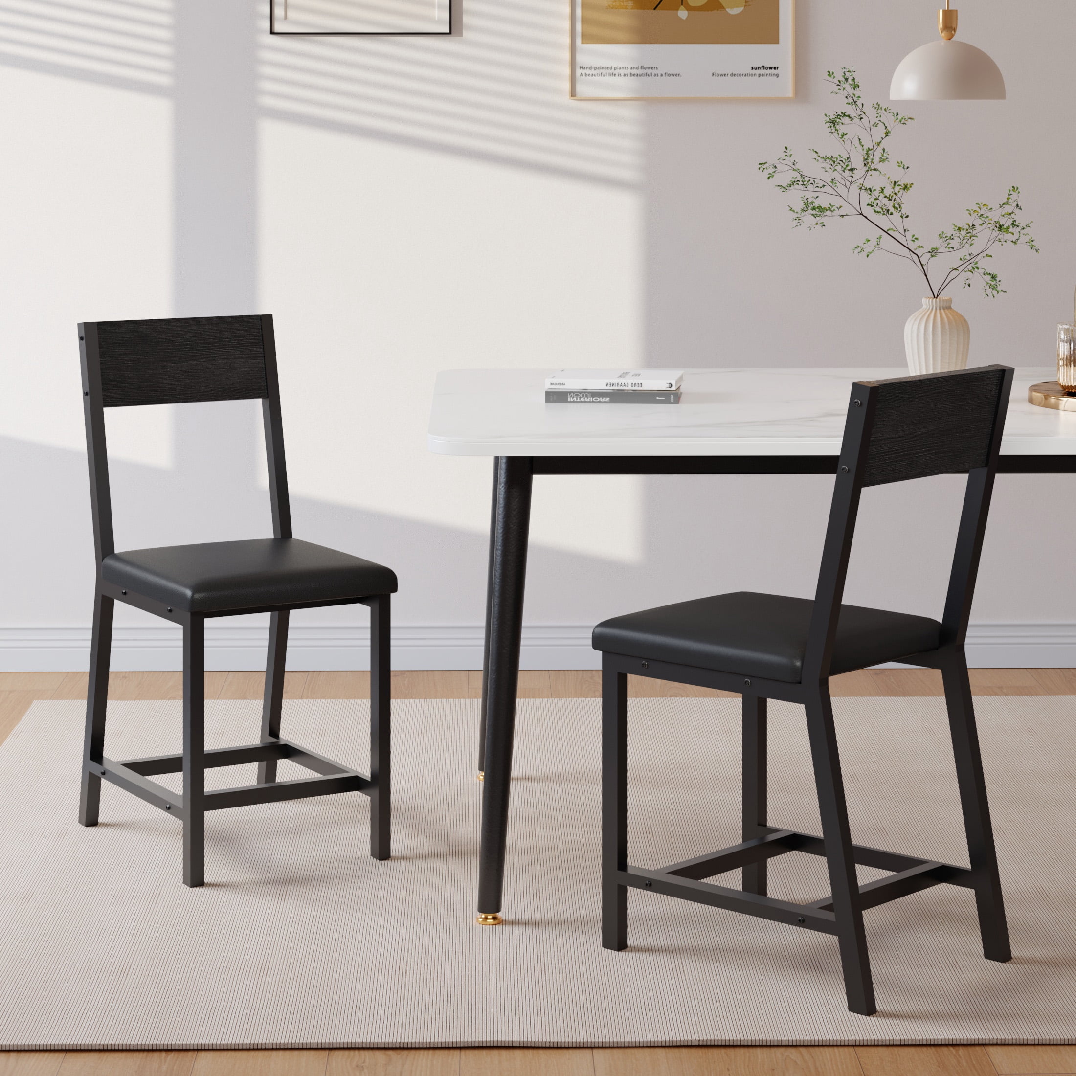Gelloan Dining Chair Set of 2, Rustic Wood Chairs with Metal Steel Frame and Cushion Seat, Modern Farmhouse Chair for Kitchen, Bedroom, Living Room,Black