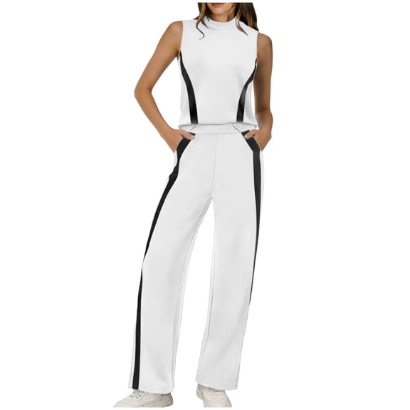 Levmjia Womens Two Piece Set Summer Casual Sleeveless High Neck Top Wide Leg Pants Solid Color Outfit Comfortable Polyester Vacation Beach Travel