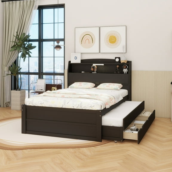 Full Size Wooden LED Platform Bed with Trundle, with Storage Headboard, with Drawers, Espresso