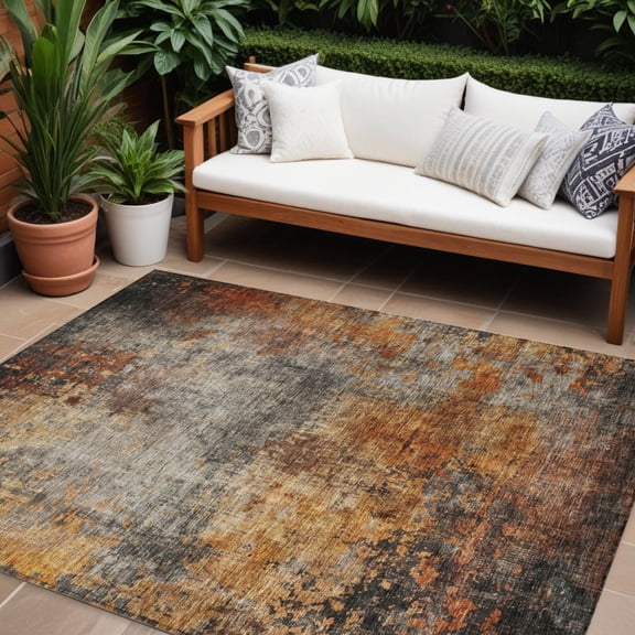 HomeRoots 606102 9 x 12 ft. Copper, Terra Cotta & Black Abstract Washable Indoor & Outdoor Rectangle Area Rug