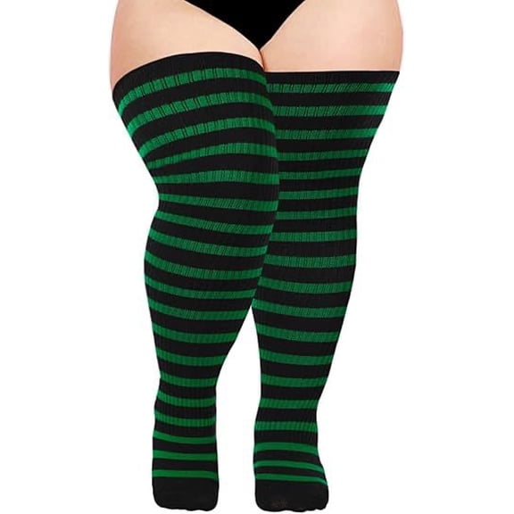 Nvzi black and green striped elastic plus plus plus size socks -1 pair, all size thigh high socks, knitted cotton extra long knee pads, comfortable and warm, suitable for all seasons