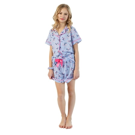 

Sleep On It Girls Pajamas Button down Short Sleeve Collared Coat Set Summer Pajamas for girls sleepwear (Blue 14/16)