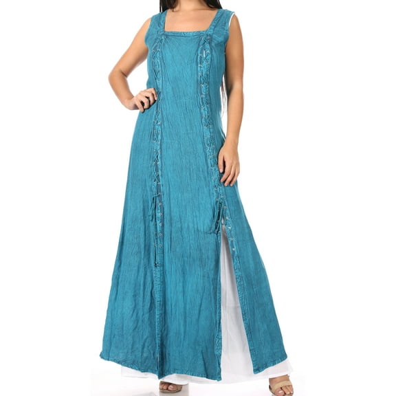 Sakkas Riva Women's Sleeveless Chemise Over Dress Medieval Celtic Renaissance - Turquoise - 1XL/2XLP
