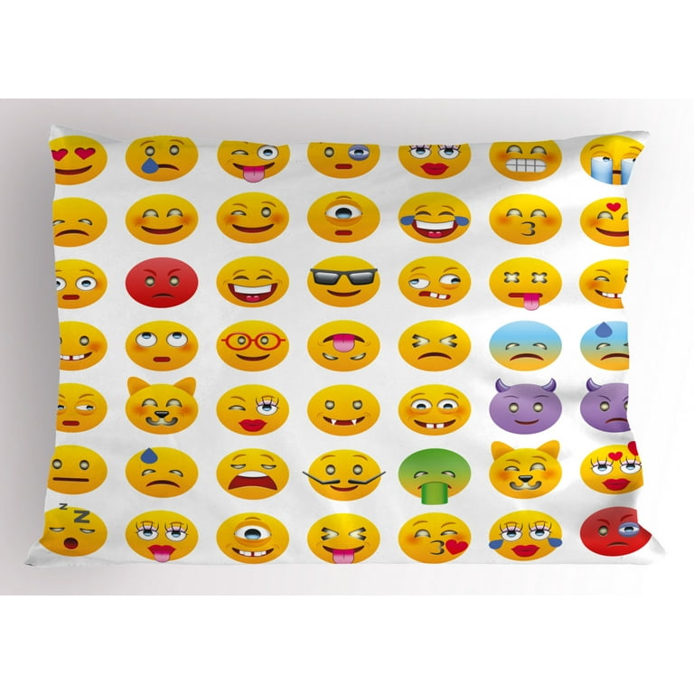 Emoji Pillow Sham Cartoon Like Smiley Faces of Mosters Happy Sad