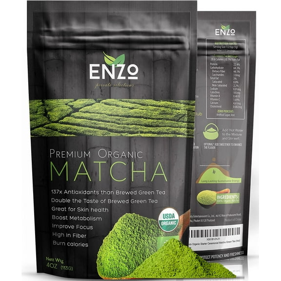 Enzo Organic Matcha Green Tea Powder 4oz Premium Culinary Grade, USDA Certified, Perfect for Tea, Lattes, and Baking