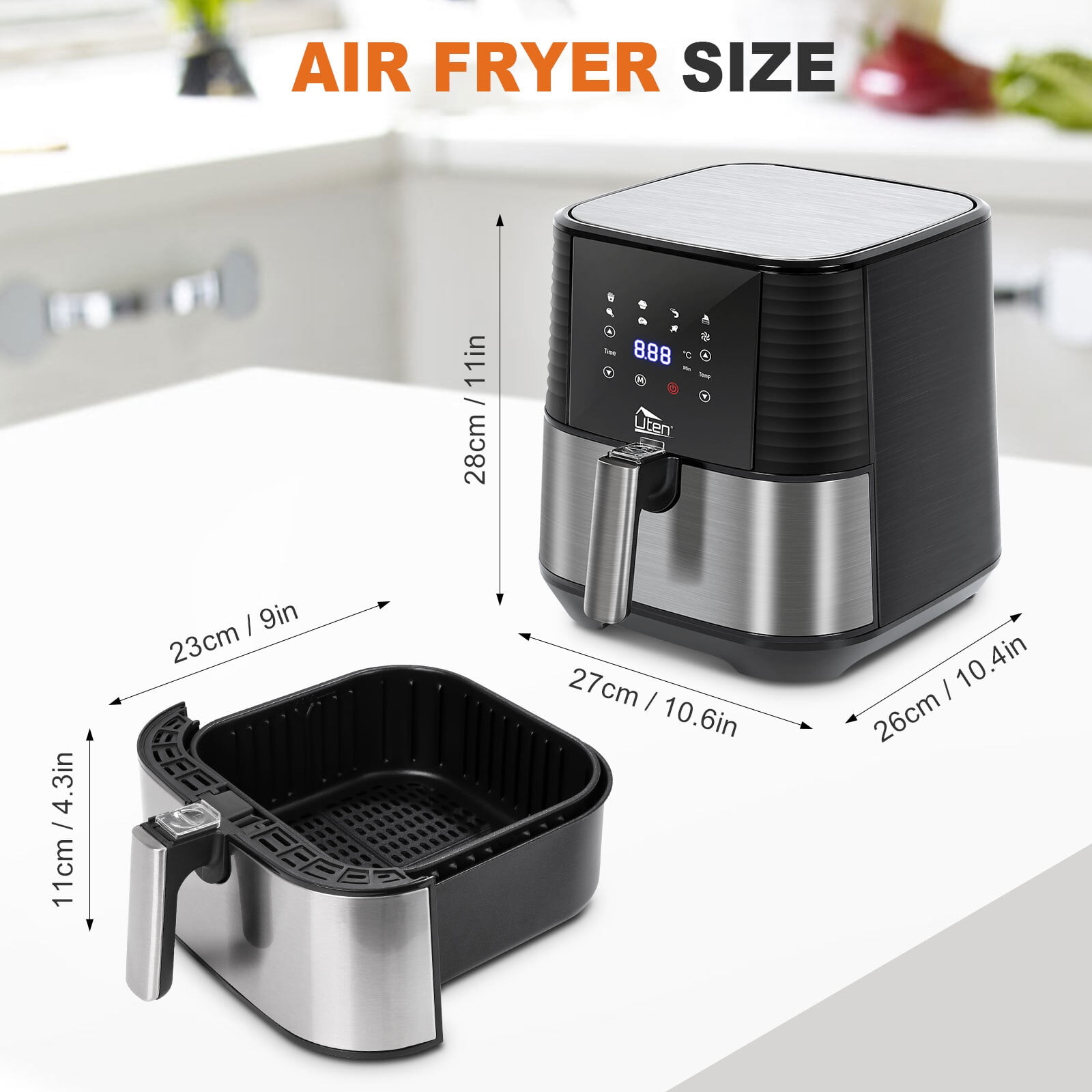 Uten 5.8 Qt Air Fryer Toaster Oven, 1700W 7-in-1 Oil Free Airfryer with 7 Presets & Touch Screen Timer & Temperature Control, Nonstick Basket for Roast Bake Reheat, Easy Clean Compact, Black