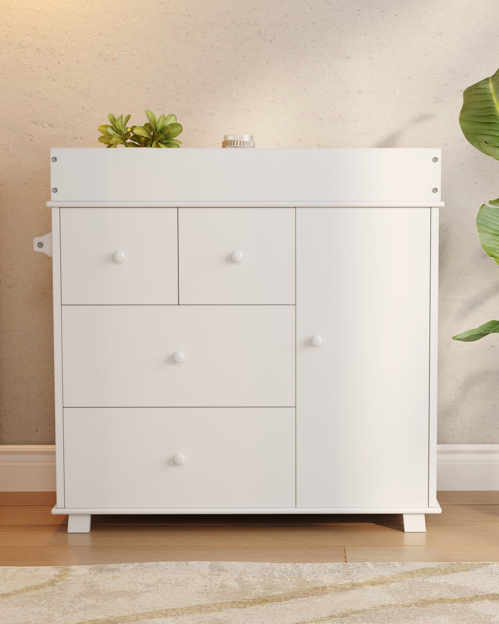 Roromall Baby Dresser with Changing Table Top, 4 Drawers Nursery Dresser with Door, Infant Diaper Changing Station Baby Cloth Organizer for Nursery and Bedroom