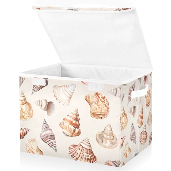 Yayeee Collapsible Cube Storage Bin with Lid Fabric Closet Decorative Basket with Handles, Red Watercolor Seashells