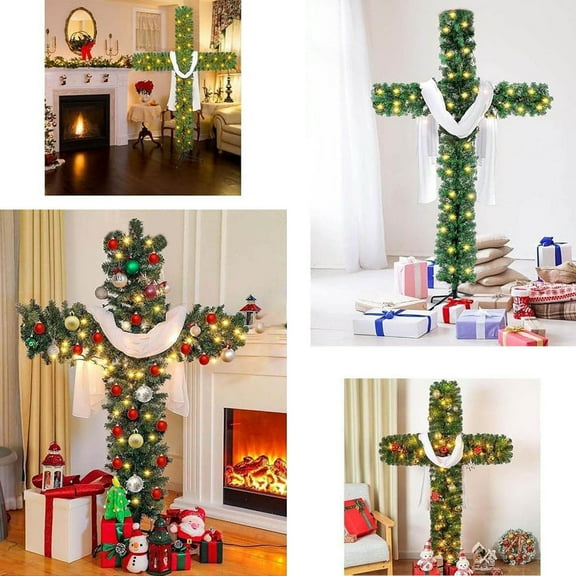 6ft Foldable Cross Christmas Tree, Christmas Tree Shaped Like a Cross, Pre-Lit Artificial Pine Christmas Cross with Led Light, Silk Scarf, Wood Rattan Ring